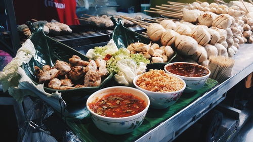 Close-up of served food in tray