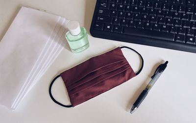 Mask and sanitizer at home work station