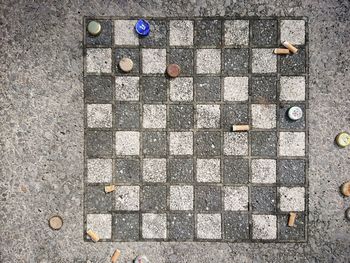 High angle view of full frame shot of chess pieces