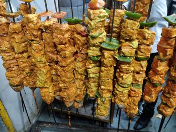 Kebabs on skewers at restaurant