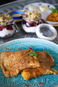 Close-up of breakfast served on table