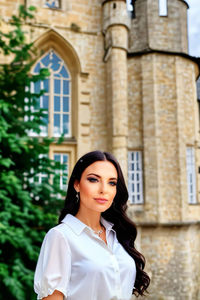 Portrait of young woman standing against building