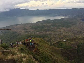 High angle view of hikers on mountain