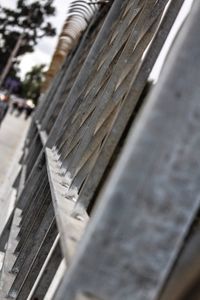 High angle view of wood on railing