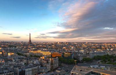 High angle view of city against sky during sunset