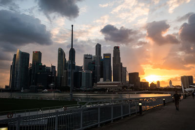 Skyscrapers in city at sunset