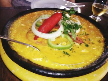 Close-up of meal served on table