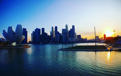 City at waterfront during sunset