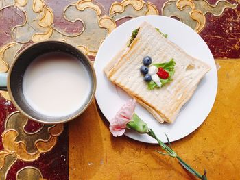 High angle view of breakfast served on table