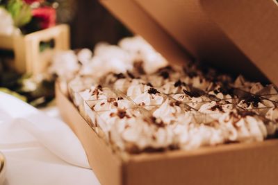 High angle view of chocolate in box on table