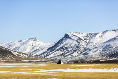 Scenic view of snowcapped mountains against clear sky