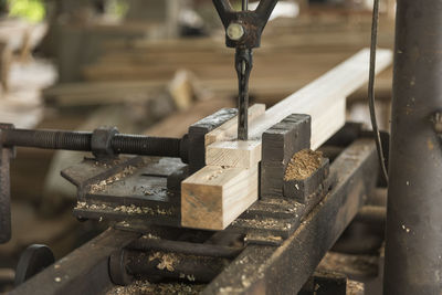 Close-up of old machine part cutting wood at workshop