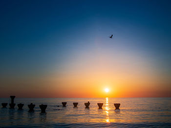 Silhouette birds on sea against sky during sunset