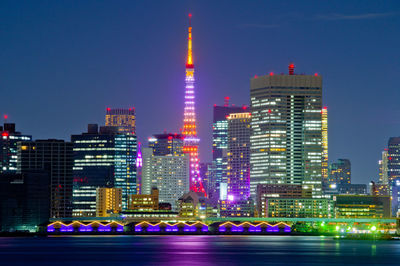 Illuminated buildings in city at night