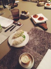 High angle view of food served on table