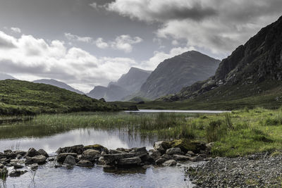 Scenic view of lake and mountains against sky