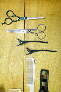 High angle view of work tools on table