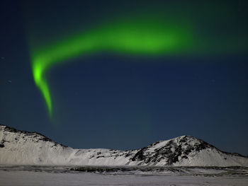 Scenic view of snowcapped mountains against sky at night