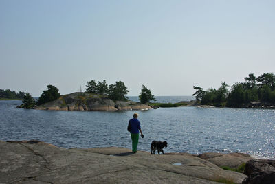 Rear view of person with dog standing on rock formation by sea against clear blue sky