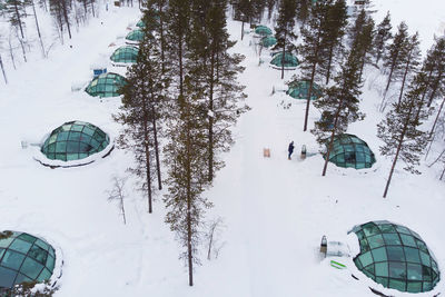 Aerial view of snow covered trees and field with igloo hotels in finland