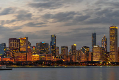 Chicago cityscape river side along lake michigan at beautiful twilight time, illinois, united states