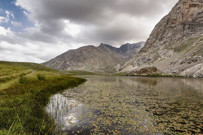 Scenic view of lake and mountains against sky