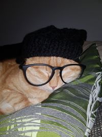 Close-up of man wearing eyeglasses at home