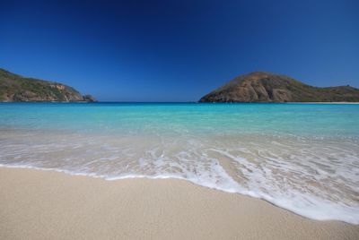 Scenic view of sea against clear blue sky