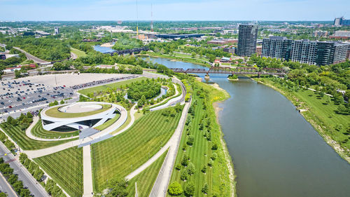 High angle view of buildings in city