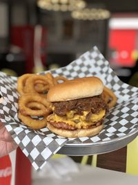 Close-up of burger on table