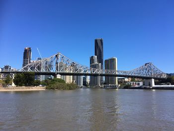 Bridge over river with city in background