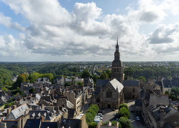 High angle view of buildings in city against sky