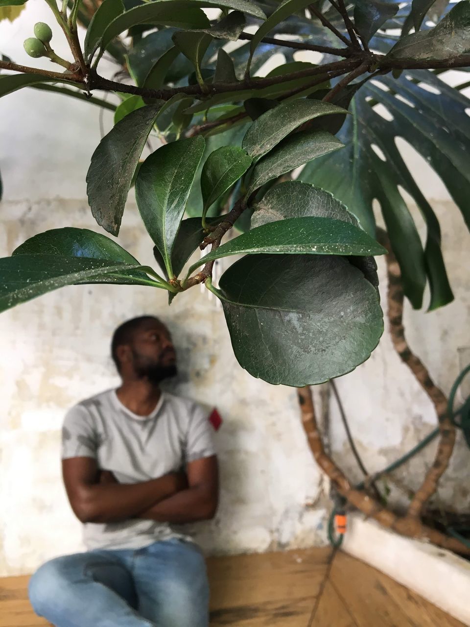 YOUNG MAN SITTING ON PLANT OUTDOORS