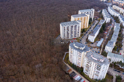 Aerial view a residential area with flat of blocks built in the cummunism. cluj napoca, romania