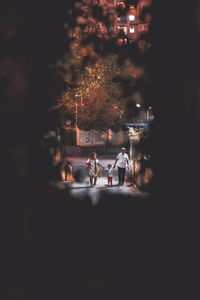 Mid distance view of family holding hands while walking on road