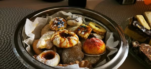 High angle view of dessert in plate on table