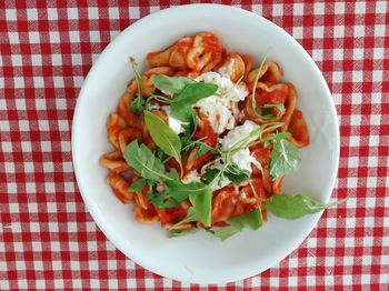 High angle view of salad in bowl on table