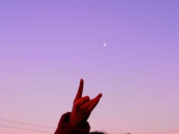 Low angle view of hand against sky during sunset