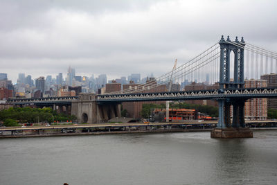 View of suspension bridge in city against cloudy sky