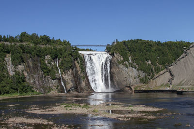 Scenic view of waterfall against clear blue sky