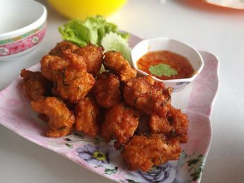 High angle view of meal served in plate on table