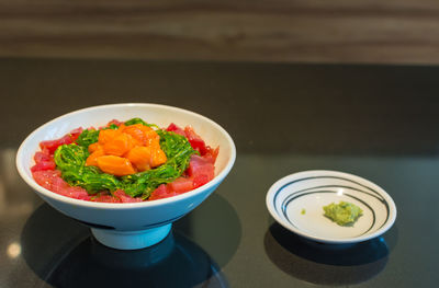 Close-up of served food on table