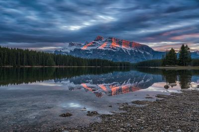 Scenic view of lake against sky at sunset