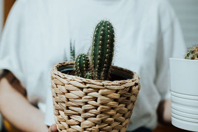 Midsection of woman holding potted plant