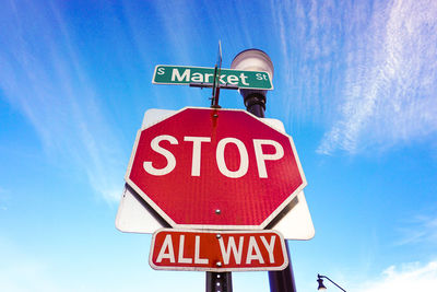 Low angle view of road sign against blue sky