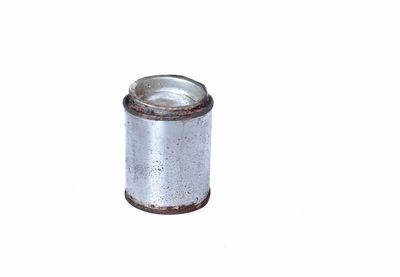 High angle view of metallic container against white background