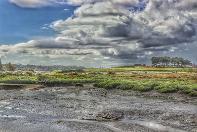 Scenic view of field against cloudy sky