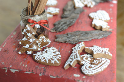 High angle view of cookies on table