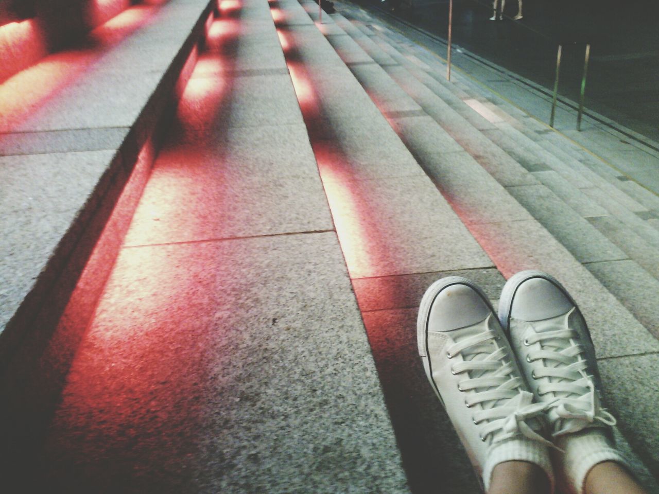 indoors, low section, high angle view, transportation, shoe, person, red, street, close-up, part of, flooring, in a row, empty, road marking, road, day, tiled floor, personal perspective, one person