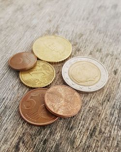 High angle view of coins on table
